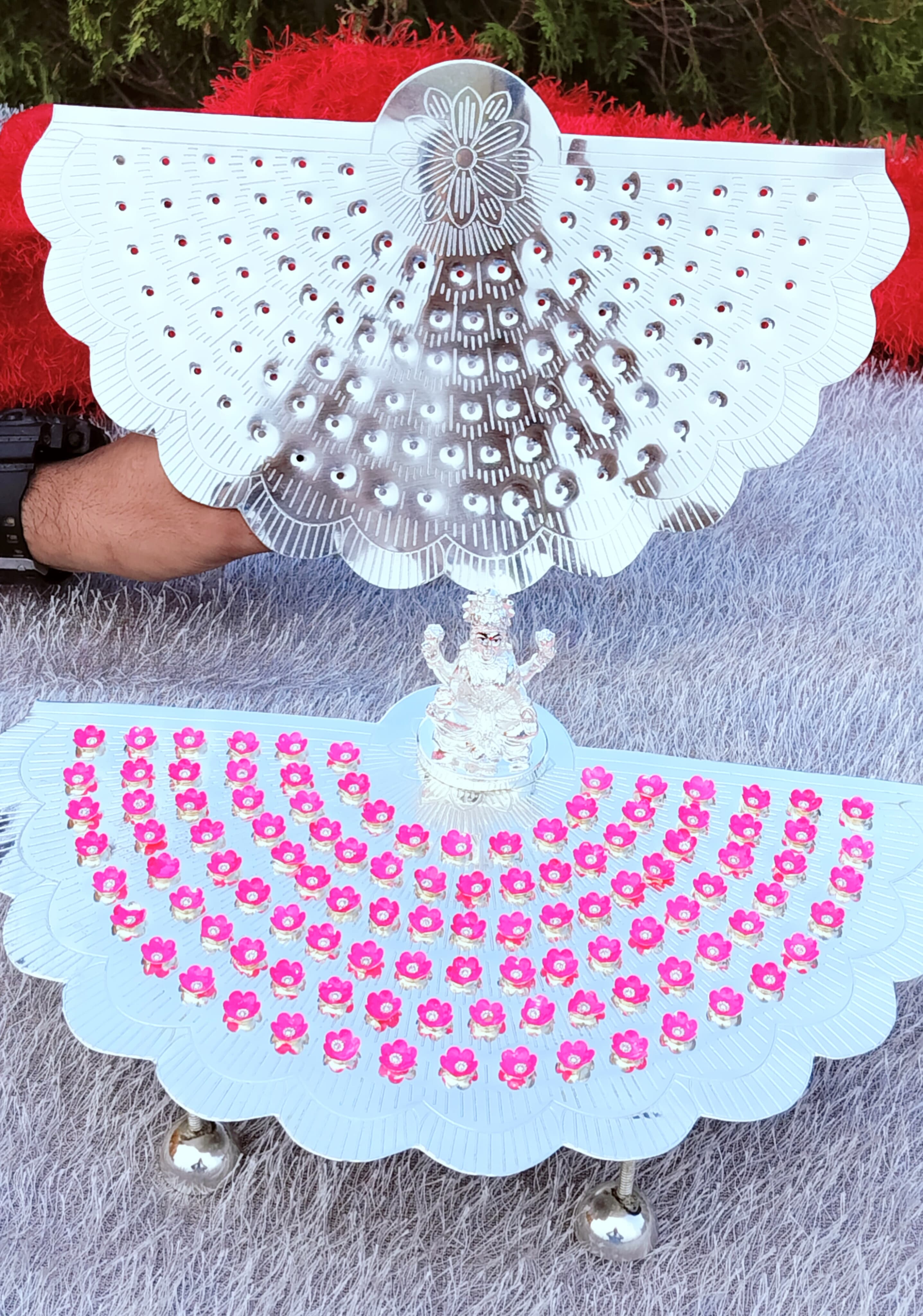 German Silver 108 Flower Stand with Laxmi Idol & Flowers.